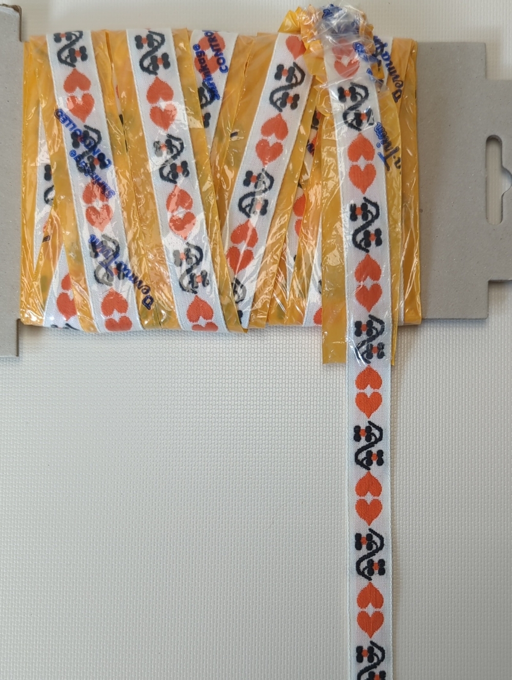 True Vintage Woven Ribbon with Orange Heart & Black Pattern